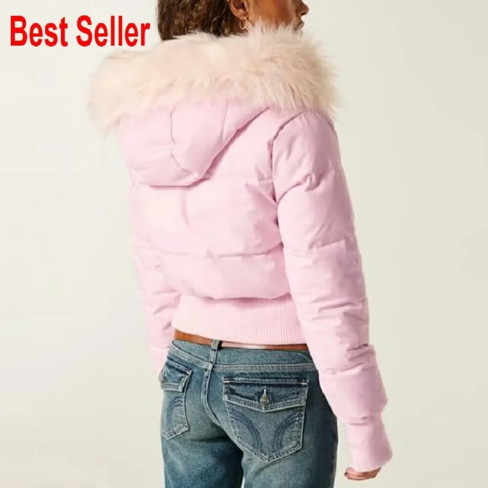 Faux Fur Trim Hooded Puffer Bomber Jacket Quilted Cropped Winter Warm